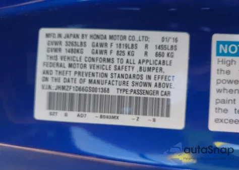 2016 Honda Cr-Z Ex/Ex-L Navi z USA, uszkodzony, nr VIN JHMZF1D66GS001368